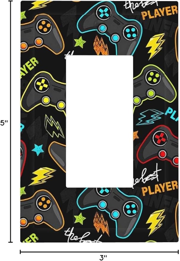 1 Gang Electrical Decora/GFCI Device Wallplate Fun Graffiti Video Game Controller Gaming Gamer Teen Kids Boys Gamepad Single Decorator Rocker Outlet Light Switch Cover Electrical Faceplate Dimmer