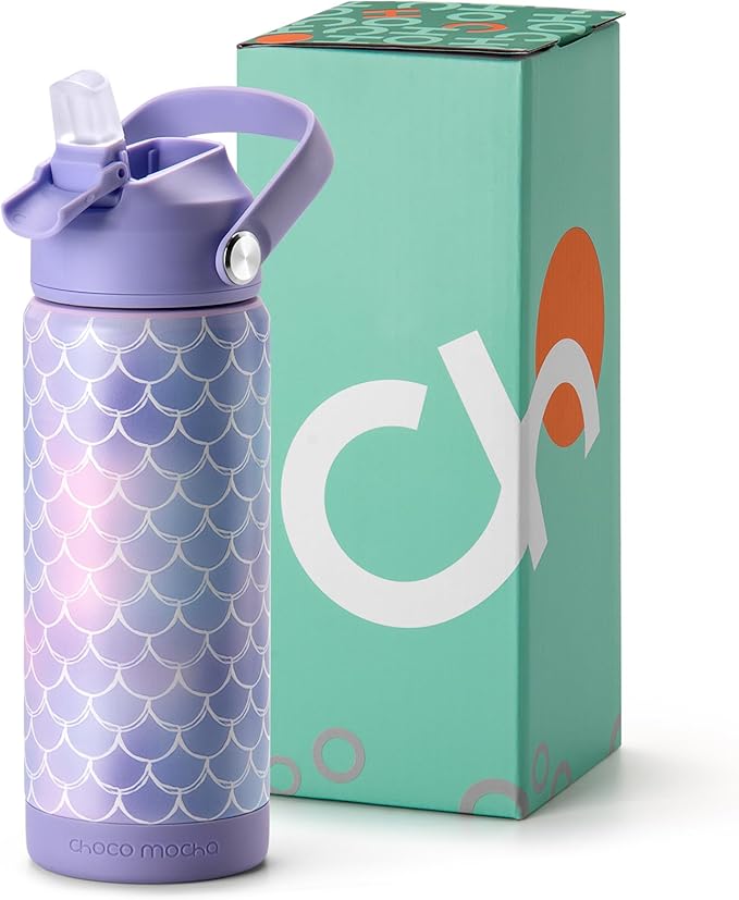 Choco Mocha Kids Water Bottle For School, Kids Insulated Mermaid Water Bottle Stainless Steel for Girls, 18Oz Purple