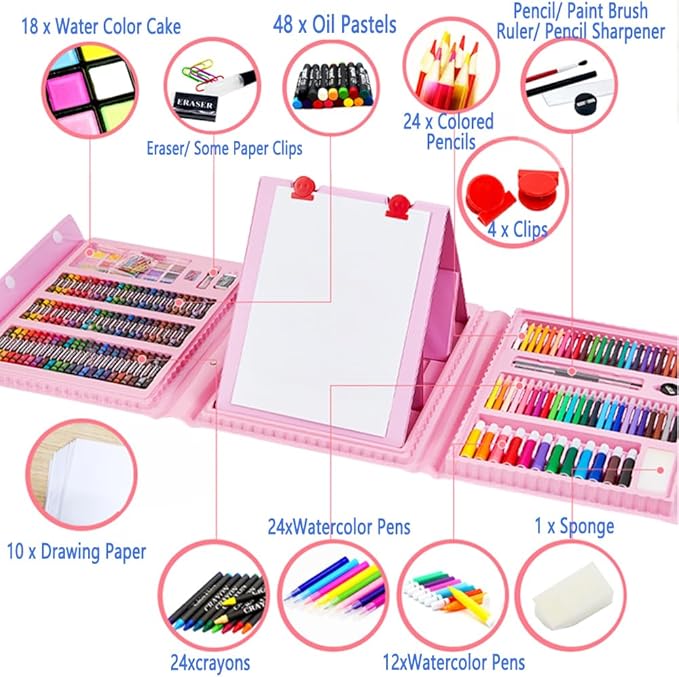 DLUCKY 208 PCS Art Supplies, Drawing Art Kit for Kids Adults Art Set with Double Sided Trifold Easel, Oil Pastels, Crayons, Colored Pencils, Watercolor Pens Gift for Girls Boys Artist,Pink