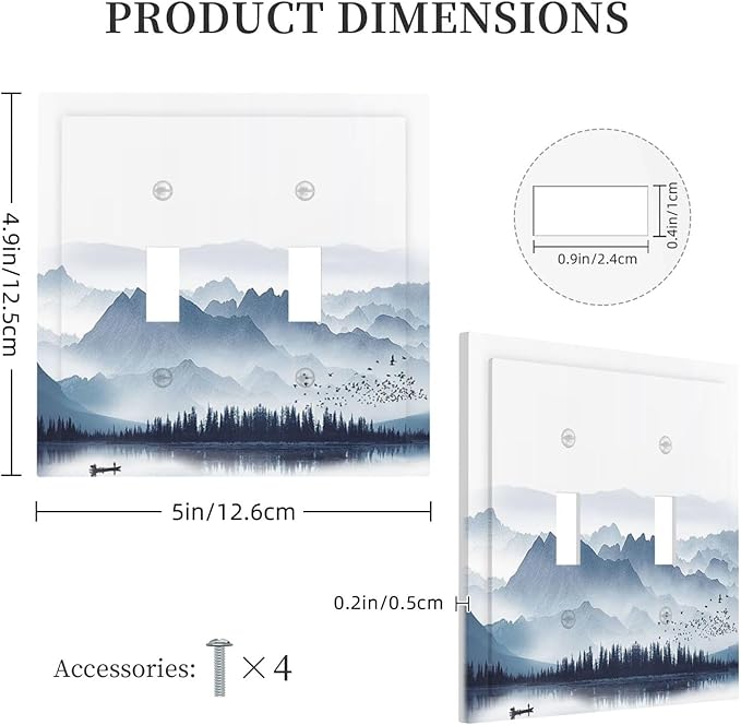 Decorative Switch Plates Mountain Foggy Lake Boat Grey Blue Forest Birds 2 Gang Double Toggle Wall Plate Outlet Light Switch Cover Electrical Faceplate for Bedroom living Room Decor