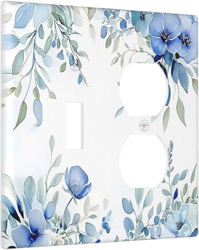 Watercolor Blue Flower Plant Floral Green Leaves Wallplates 1 Toggle 1 Duplex Switch Plate Electrical GFCI Faceplate Decorative Light Switch Covers for Bedroom Living Room Decor