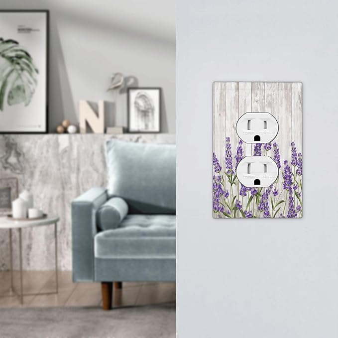 Purple Lavender Rustic Wooden Flowers Floral Plant Outlet Covers 1 Gang Duplex Light Switch Cover Decorative Switch Plates Electrical Receptacle Faceplate Wall Plate for Farmhouse Living Room Decor