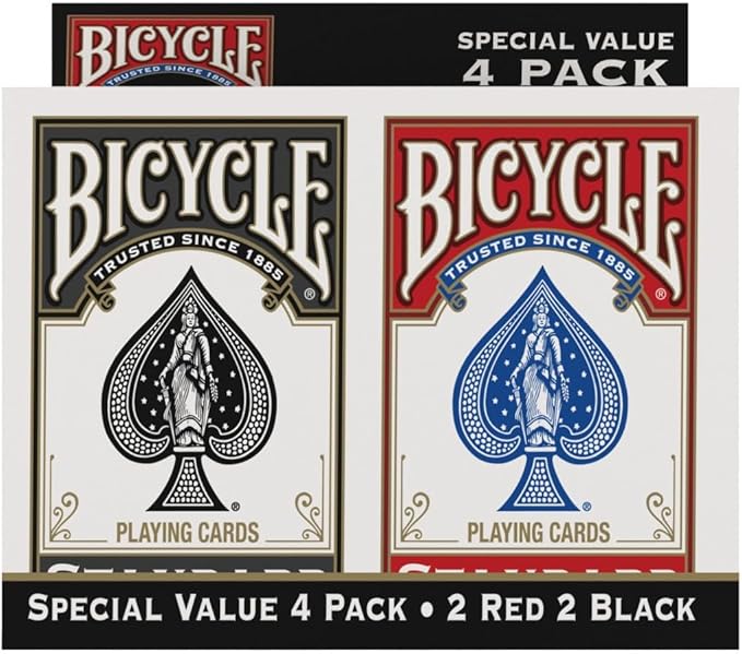 Bicycle Playing Cards 4 Pack, Standard Index Poker Size Decks in Red and Black for Poker, Blackjack, Rummy, Family Game Nights, and Classic Card Games, All Ages