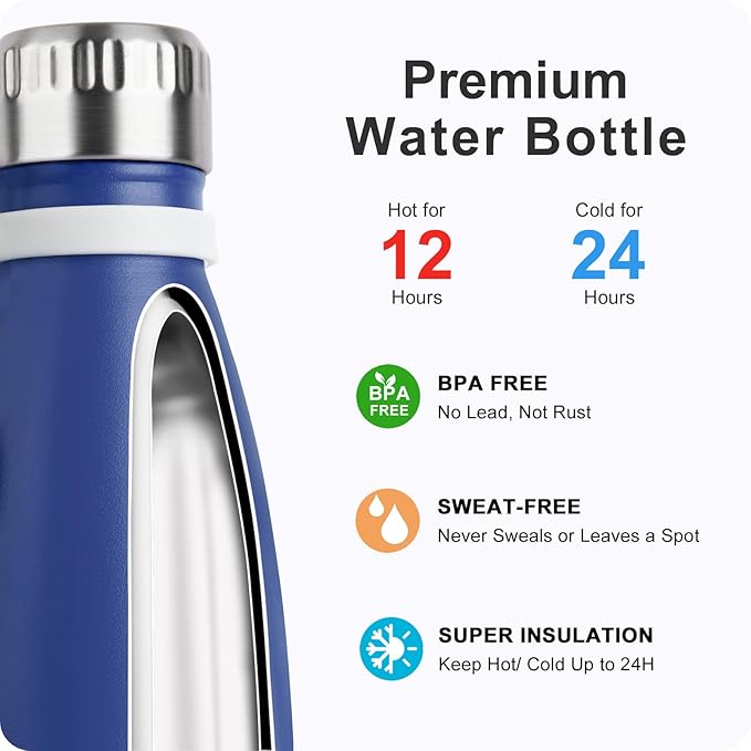 Small Water Bottle-9 oz Stainless Steel Water Bottle for Kids School Insulated Vacuum Metal Leak Proof Cola Shape Mini Water Bottle for Boys (Navy)