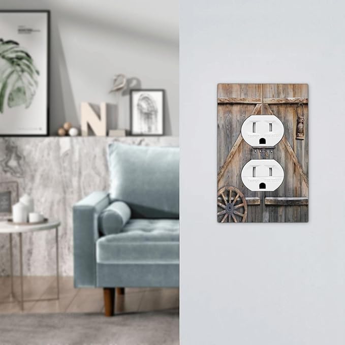 Western Rustic Barn Door Farmhouse Wood Country Garage Cabin Plank 1 Gang Electrical Device Duplex Receptacle Light Switch Outlet Cover Wall Plate Electric Plug Socket Cover Decorative Switchplate