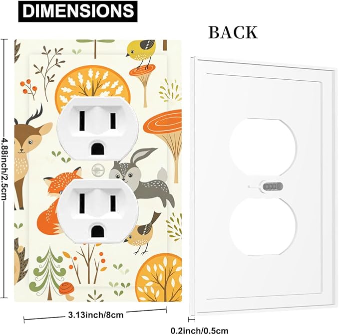 Cute Woodland Animals Duplex Wall Plate - 1-Gang Standard US Size Forest Pattern Trees Mushrooms and Berries Outlet Covers for Boys & Girls Room Decor