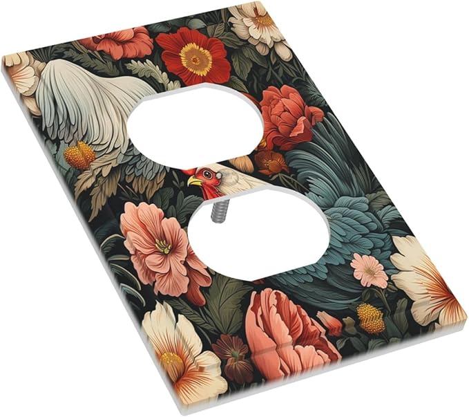 Outlet Covers Rooster Flowers Red White Chicken Floral 1 Gang Duplex Wall Plate Decorative Switch Plates Electrical Receptacle Faceplate Light Switch Cover for living Room Farmhouse Decor
