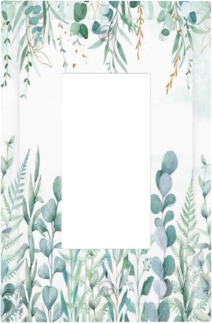 Boho Green Eucalyptus Leaf Floral Sage Flower Decorative Outlet Covers 1 Gang Single Rocker Light Switch Cover Plate Wall Plates GFCI Faceplate for Bedroom Living Room Decor