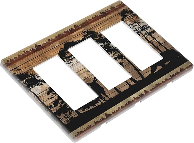 Brown Mountain Hunting Forest Woodland Deer Bear 3 Gang Triple Rocker/Decorator Light Switch Cover Lodge Cottage Jungle Decorative Gfci Wall Plate Outlet Cover Electrical Faceplate Switchplate