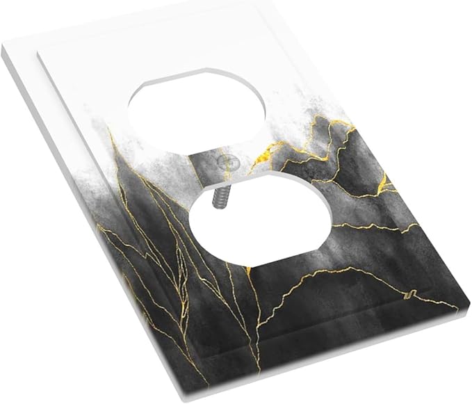 Outlet Covers Black And Gold Marble White Golden Leaves 1 Gang Duplex Electrical Receptacle Faceplate Light Switch Cover Wall Plate Decorative Switch Plates for Bedroom living Room Decor