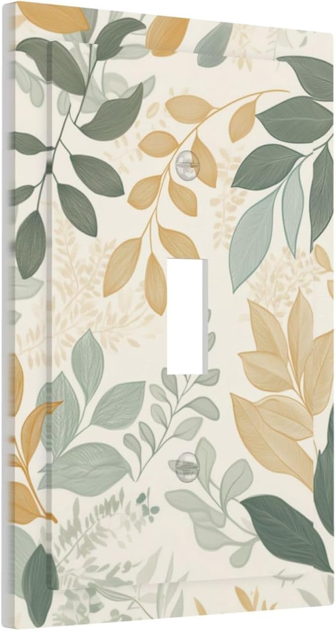 Boho Watercolor Leaves 1 Gang Light Switch Cover Single Toggle Wall Plate Green Botanical Decorative Electrical Switchplate Covers for Country Bathroom Bedroom Kitchen Living Room Decor