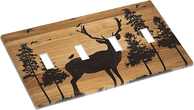 Elk Moose Forest Hunting Pyrography Art Wood Texture Print Light Switch Covers Quad Toggle Electrical Faceplate 4 Gang Wall Plate Decorative Switch Plates Cover for Farmhouse Bedroom Decor