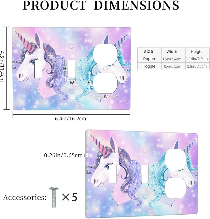 Cute Purple/Blue Rainbow Unicorn 3-Gang 2-Toggle 1-Duplex Device Combination Wall Plate Cute Kawaii Decorative Combo Double Toggle/Single Duplex Receptacle Outlet Light Switch Cover Plate (Not Bling)