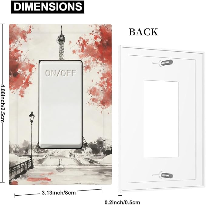 Parisian Watercolor Eiffel Tower Single Rocker Switch Cover - 1-Gang Standard US Size Paris Cherry Blossoms Romantic Light Switch Covers, Vintage French Watercolor for Bedroom Decor