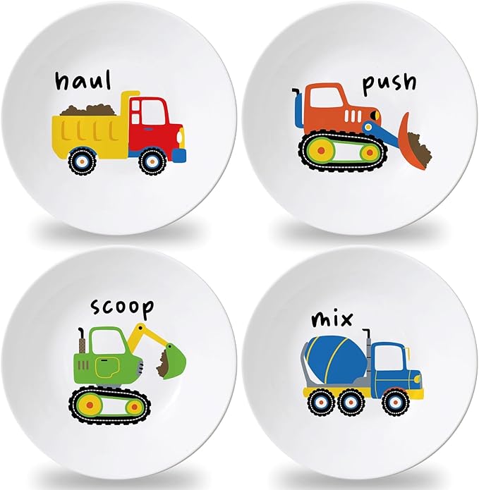 4 Set 10 Inch Construction Truck Plates Melamine Construction Truck Dinnerware Set Reusable Baby Shower Vehicle Melamine Plate Dishwasher Safe for Toddlers Creatively Drop Resistant Cute Plastic Dish
