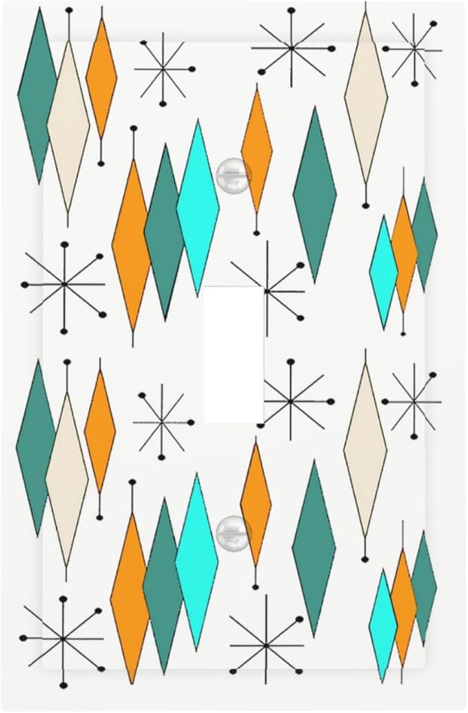 Modern Boho Geometric Atomic Diamond Stars Art Light Switch Cover 1 Gang Abstract Funny 1960S Teal/Green/Aqua/Blue Plaid Pattern Single Device Toggle Decorative Outlet Switch Wallplate Faceplate Cover
