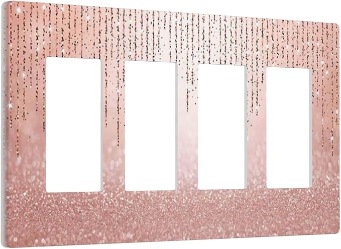 Pink Glittery Bling 4 Gang Quad Rocker/Decor Light Switch Cover Plate Decorative Electrical Faceplate for Bathroom Room Decorate Jumbo Size Screwless 8.3" x 4.6