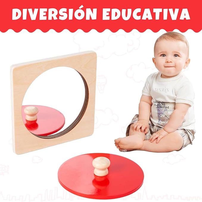 Montessori Baby Toys Play Kit - Montessori Mirror, Peekaboo, Knob Puzzle, Medium Spinning Drum - For 6-12 Months Toddlers