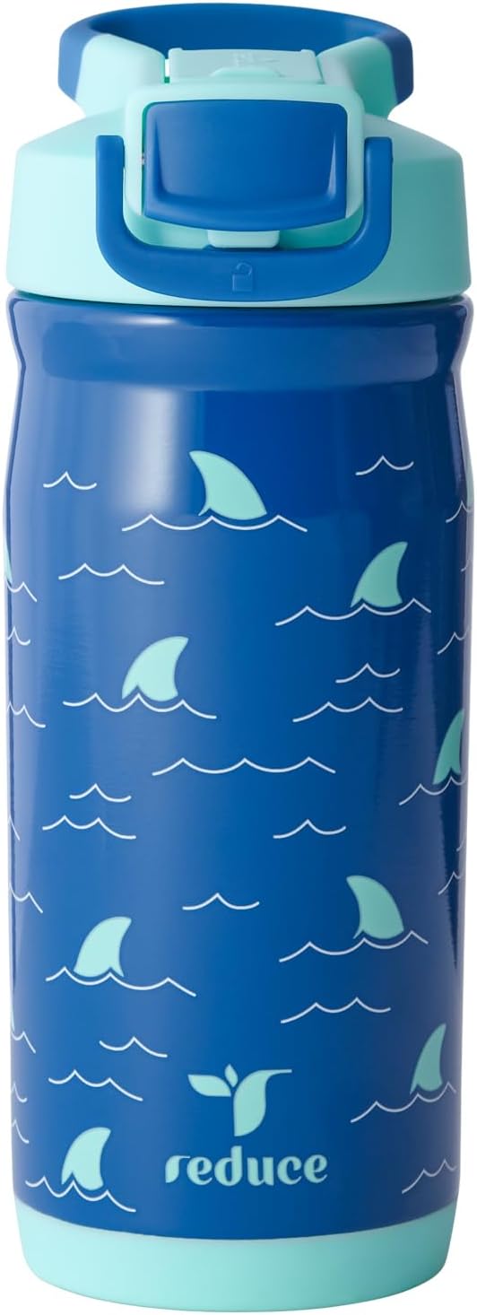 Reduce Hydrate Pro Kids 14oz Stainless Steel Insulated Water Bottle w/Straw – Spill Proof Tumbler for Kids – 30 Hour Cold Retention – Dishwasher Safe Leak-Proof Design - Shark Bait