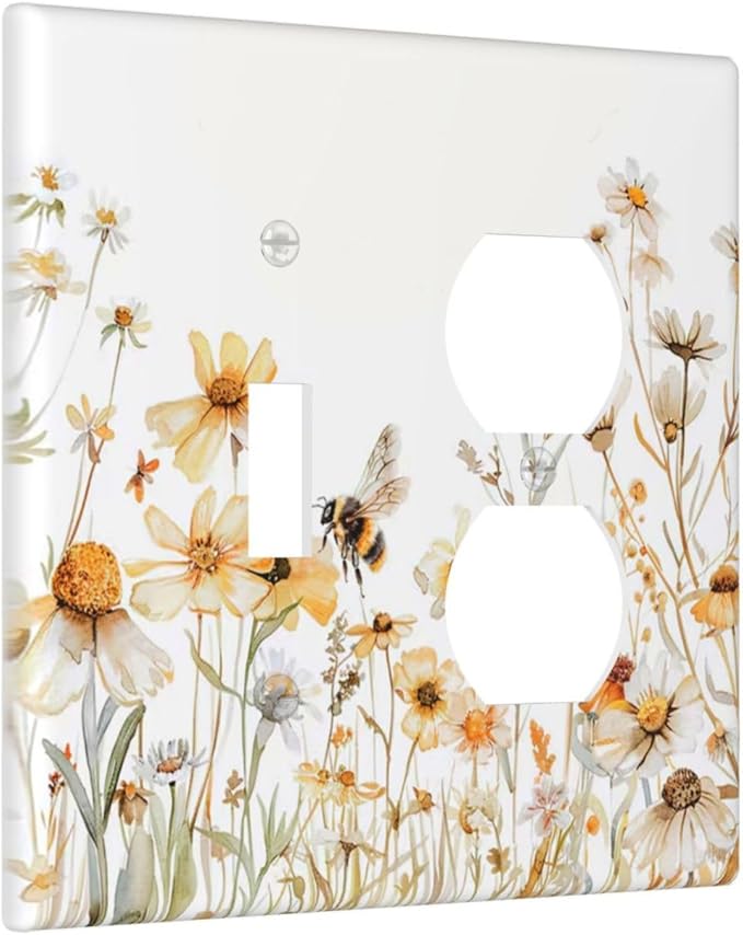 Yellow White Daisy Floral Bee Wild Flower Wallplates 1 Toggle 1 Duplex Switch Plate Electrical GFCI Faceplate Decorative Light Switch Covers for Bedroom Living Room Decor