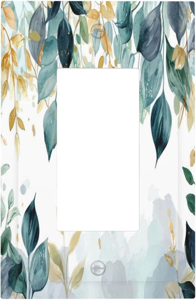 Boho Goldgreen Leaf Botanical Eucalyptus Leaves Decorative Outlet Covers 1 Gang Single Rocker Light Switch Cover Plate Wall Plates GFCI Faceplate for Bedroom Living Room Decor