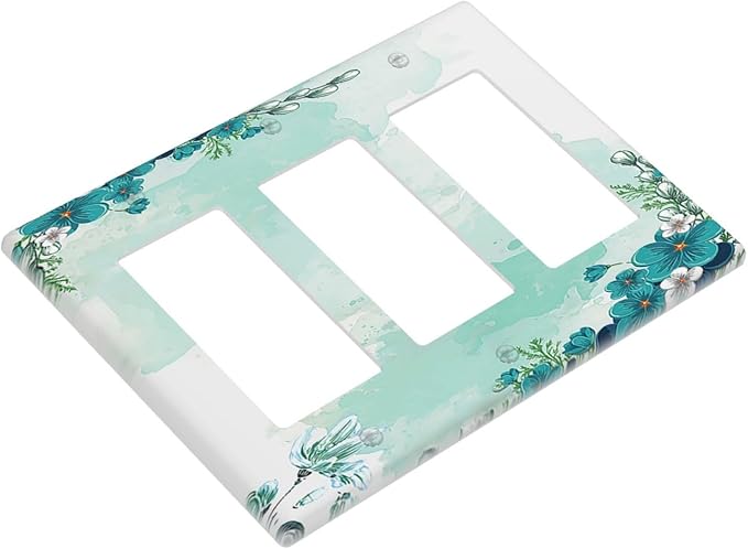 Light Switch Covers Blue Green Flowers Light Green Watercolor Patterns 3 Gang Rocker Electrical GFCI Decorative Triple Outlet Wall Plate Cover Switchplate for Bedroom Home Decor