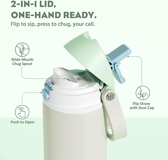 POWCAN 18 oz Steel Insulated Water Bottle: 2-in-1 Push-Button Spout & Flip Straw Lid, Leakproof, Cold 24 Hrs, Fits Car Cup Holder, Reusable Metal Sports Bottle for Travel, Gym, School (Icy Drift)