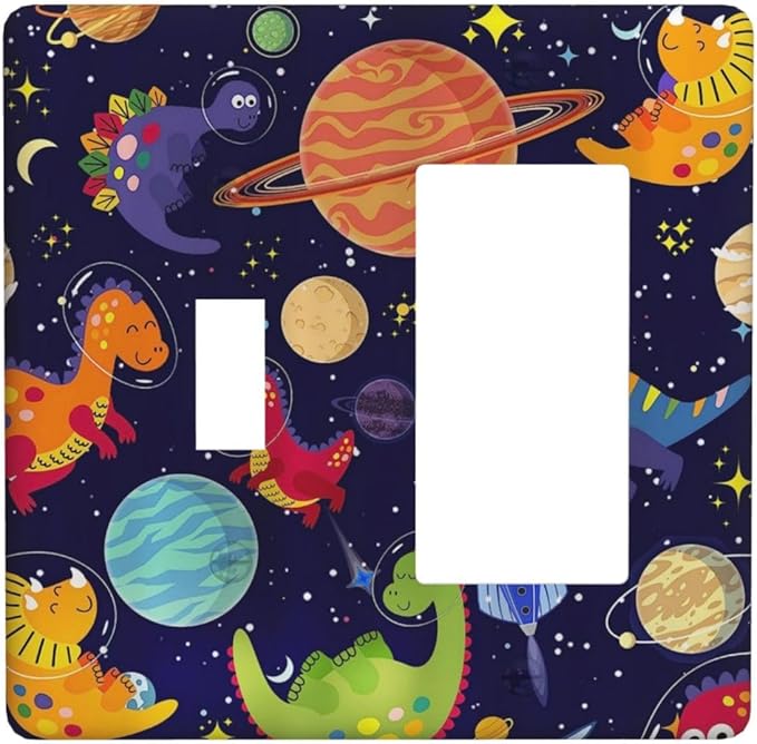 2-Gang 1-Toggle 1-Decora/GFCI Device Combination Wall Plate Navy Blue Funny Dino Fun Kids Dinosaur Universe Outer Space Nebula Baby Boy Girl Playroom Combo Toggle Decorator Outlet Light Switch Cover