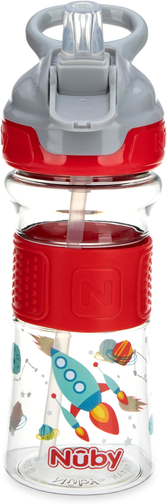 Nuby Thirsty Kids Push Button Flip-it Soft Spout on The Go Water Bottle with Easy Grip Band, 12oz, Rocket