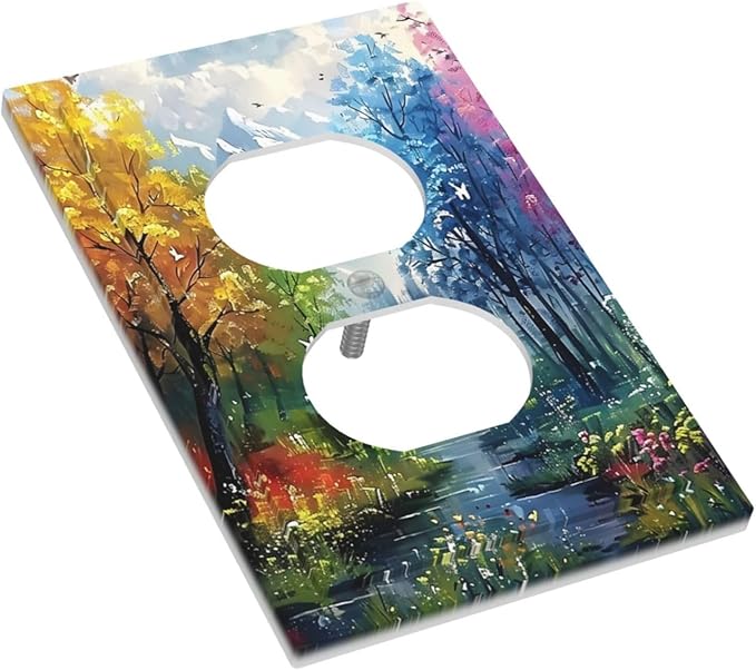 Colorful Forest Snow Mountain River Oil Painting Style Outlet Covers 1 Gang Duplex Light Switch Cover Decorative Switch Plates Electrical Receptacle Faceplate Wall Plate for Bedroom Living Room Decor