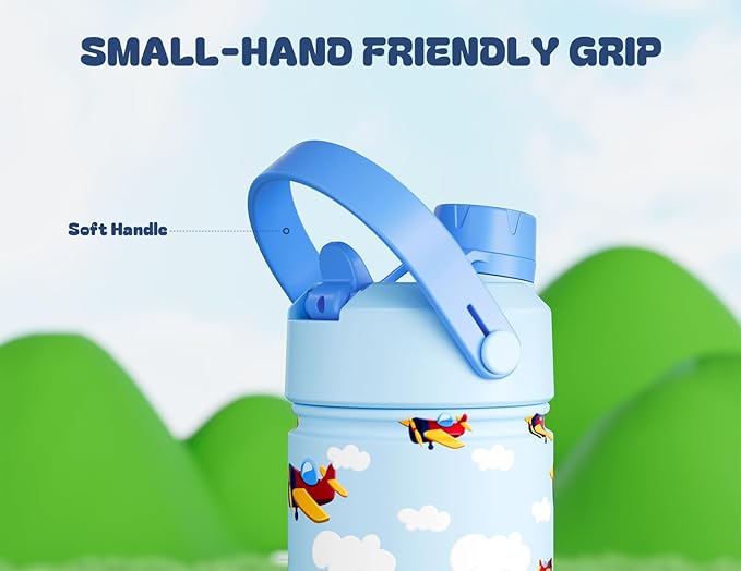 12 oz Kids Stainless Steel Water Bottle: 2-in-1 Straw Spout Lid, Leakproof, BPA-Free, Easy Clean, Keep Cold 24H, Cute Patterns, Stainless Steel Cup for School, Travel, Playtime, Gift (Cloud Cruiser)