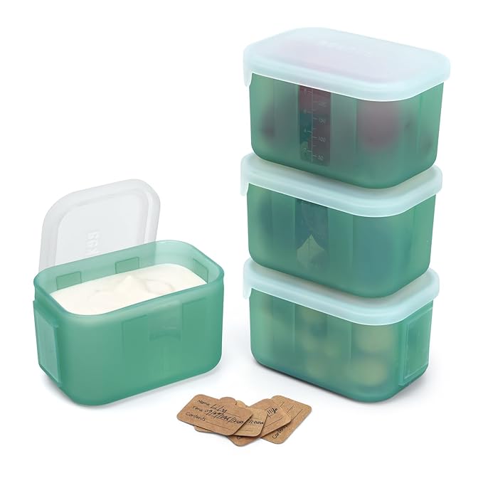haakaa Mini Meal Silicone Storage Containers,8 oz Silicone Baby Food Containers with Airtight Lids,Reusable Baby Food Jars for Purees, Fruits & Snacks-Microwave & Dishwasher Safe,4 Pack, Pea Green