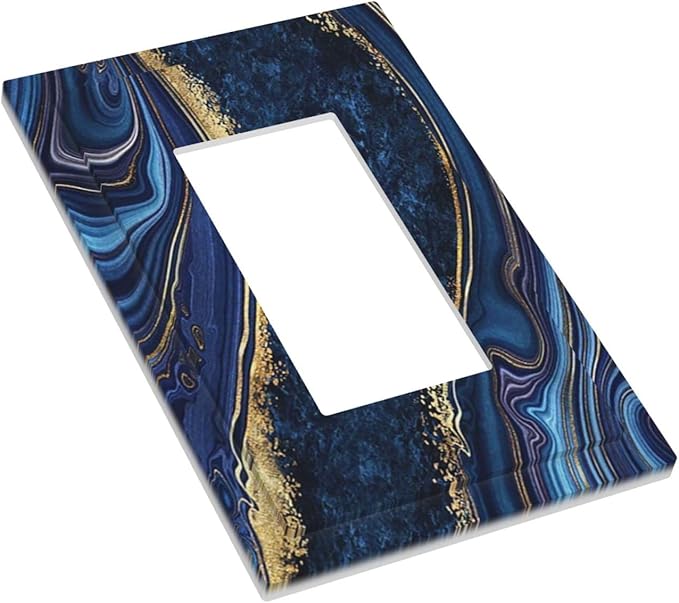 Navy Marble 1 Gang Rocker/Decora Outlet Light Switch Wall Plate Cover Faceplate Dark Blue Abstract Gold Decorative Royal Modern Standard Boys Bathroom Grey Luxury Bedroom Decorate