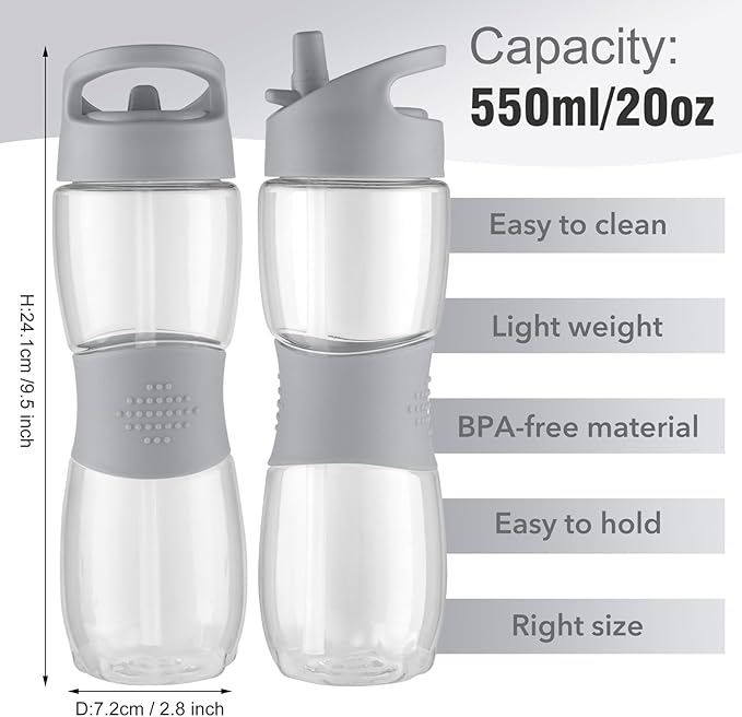 Sivaphe Clear Water Bottle with Straw 18 oz Portable Tritan Transparent Sports Drinking Bottle for School Girls Boys Grey