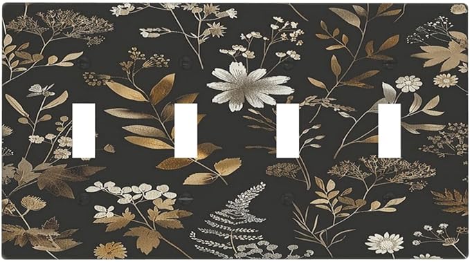 Light Switch Covers Black Gold Floral Dark Leaves Vintage Flowers Quad Toggle Electrical Faceplate 4 Gang Wall Plate Decorative Switch Plates for Bed Room Home Decor