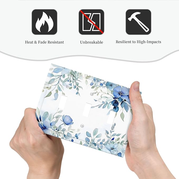 Watercolor Blue Flower Plant Floral Green Leaves Decorative Switch Plates 3 Gang Wall Plate Triple Toggle Light Switch Cover Faceplate Electrical Wall Panels for Bedroom Living Room Decor