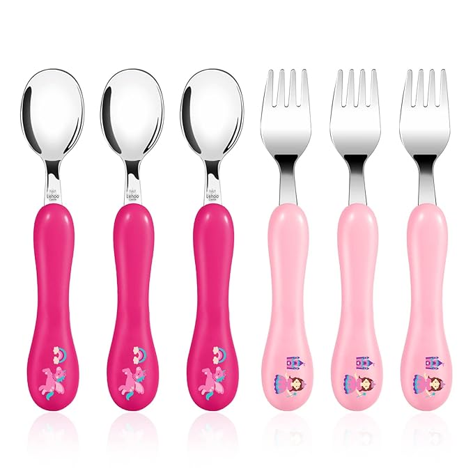 Lehoo Castle Toddler Fork and Spoon, 6pcs Kids Utensils, Safe Stainless Steel Toddler Silverware Set, Children Flatware Set, Incudes 3 Spoons and 3 Forks (Pink)