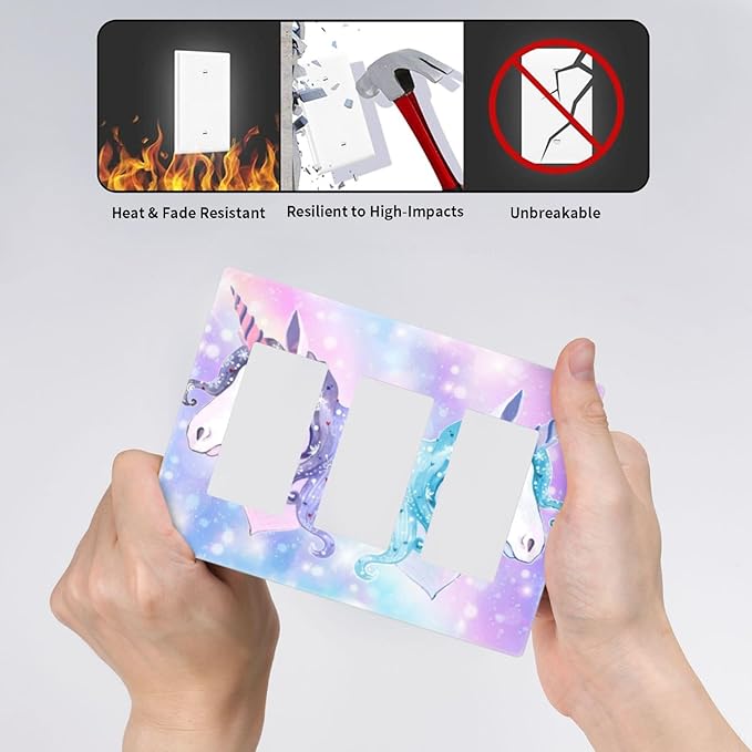 Cute Colorful Purple/Blue/Pink Rainbow Unicorn 3-Gang Rocker/Decorator Wall Plate Kid Girls Girly Dreamy Decorative Screwless Triple Device Light Receptacle GFCI Outlet Switch Faceplate Cover Dimmer