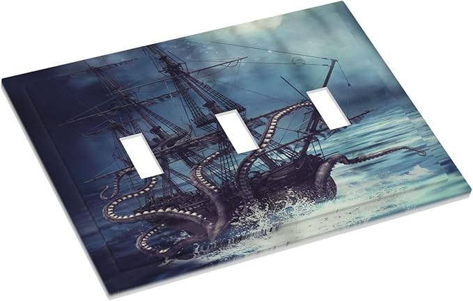 Octopus Ocean Kraken Nautical Pirate Ship 3 Gang Light Switch Covers Decorative Unique Triple Toggle Wall Plate Electrical Faceplate Switchplate for Kitchen Bathroom Bedroom Home Decor