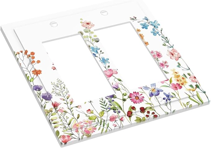 Boho Watercolor Wildflowers Floral Plants Flower Decorative Outlet Covers 2 Gang Double GFCI Rocker Electrical Wall Panels Light Switch Cover Plate for Bedroom Living Room Decor