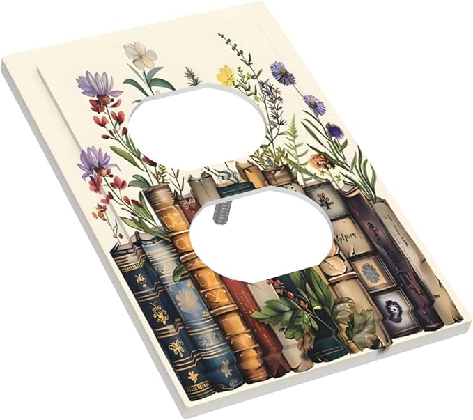 Plant Floral Books Colorful Flower Outlet Covers 1 Gang Duplex Light Switch Cover Decorative Switch Plates Electrical Receptacle Faceplate Wall Plate for Kids Room Bedroom Decor
