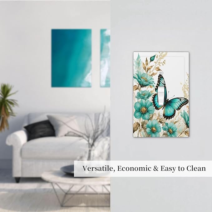 Decorative Light Switch Cover Plate - Butterfly on Blue Daisy Flower Floral Golden Leaf 1 Gang Oversized Single Toggle Wall Cover Jumbo Electrical Face Plate