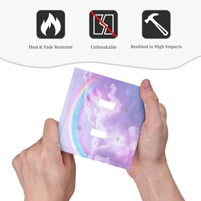 Rainbow in the Clouds 2 Gang Double Toggle Wall Plates Pink Art Panel Light Switch Cover Decorative Purple Cloud Electrical Switchplate Faceplate Cute Dimmer for Bedroom Kidroom Nursery Decor