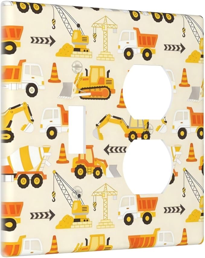 Decorative Outlet Covers Construction Vehicle Yellow Trucks Diggers 2 Gang Light Switch Cover Plate Single Toggle Duplex Wall Plates for Electrical Switch Plate Covers for Home Decor