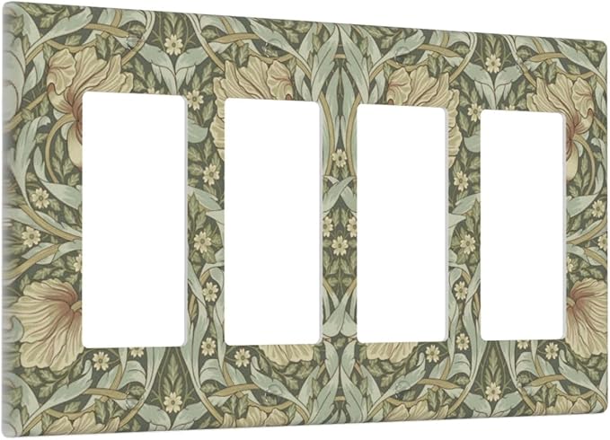 William Morris Pimpernel Flowers 4 Gang Light Switch Cover Vintage Floral Green Botanical Quad Rocker Switchplates Wall Plate Decorative Electrical Faceplate for Country Bedroom Kitchen Décor