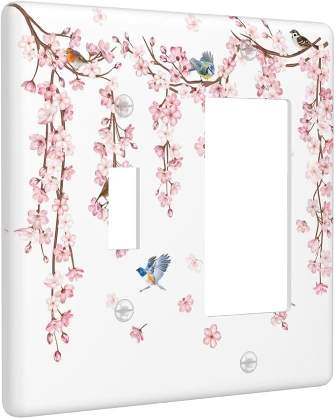 Pink Cherry Blossom Flower Vine Floral Tree Branch Birds Outlet Covers 1 Toggle 1 Rocker Combination Decorative Wall Plate Electrical Switch Plates Light Switch Cover Plate for Bedroom Living Room