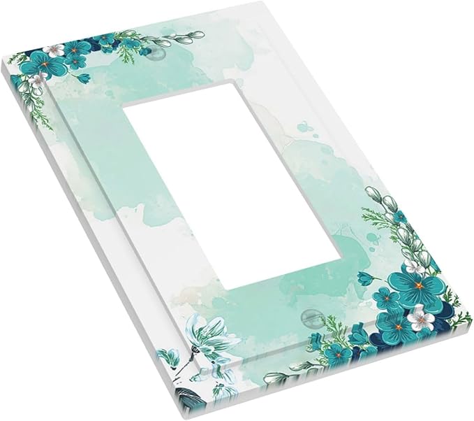 Decorative Outlet Covers Blue Green Flowers Light Green Watercolor Patterns 1 Gang Single Rocker Light Switch Cover Plate Wall Plates GFCI Faceplate for Bedroom Home Decor