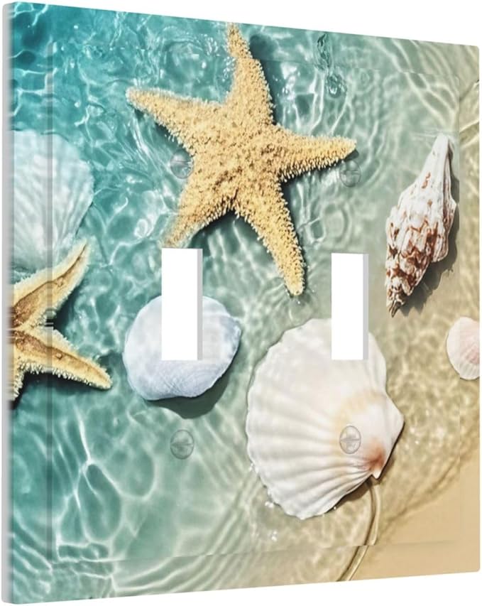Decorative Switch Plates Beach Starfish Ocean Conch Cameo Shell 2 Gang Double Toggle Outlet Light Switch Cover Wall Plate Electrical Faceplate For Decor Kids Room Decor