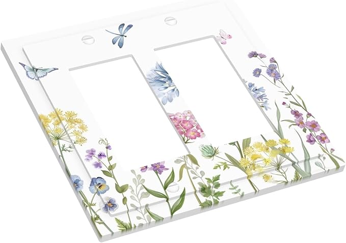 Colorful Wildflowers Dragonfly Lavender Butterfly Insect Decorative Outlet Covers 2 Gang Double GFCI Rocker Electrical Wall Panels Light Switch Cover Plate for Bedroom Living Room Decor