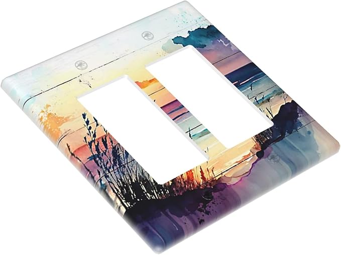 Outlet Covers Sunset Beach Abstract Watercolor 2 Gang Wall Plate Double Rocker Light Switch Cover Nature Coastal Decorative GFCI Receptacle Cover Electrical Switchplate for Home Decor